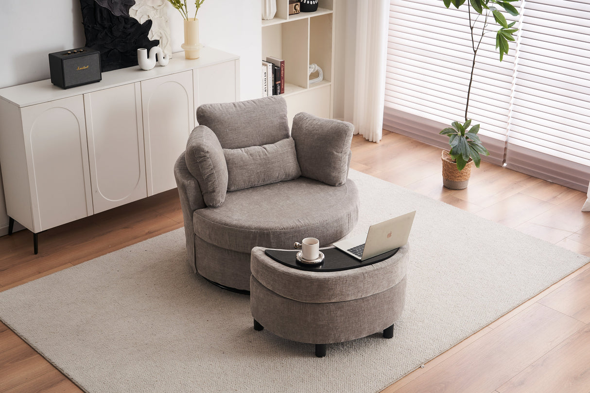 Chenille Swivel Armchair with 3 Back Cushion Pillow and Ottoman Crescent Stool
