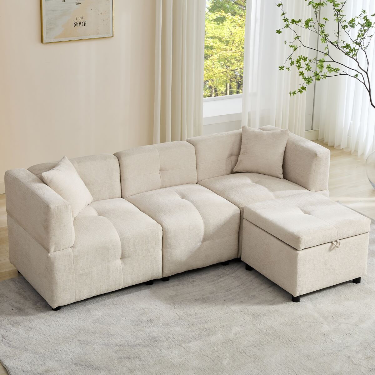 L-Shaped Corner Sofa - 80" Fabric Sectional Sofa with Removable Storage Ottoman & 2 Cushions, Beige