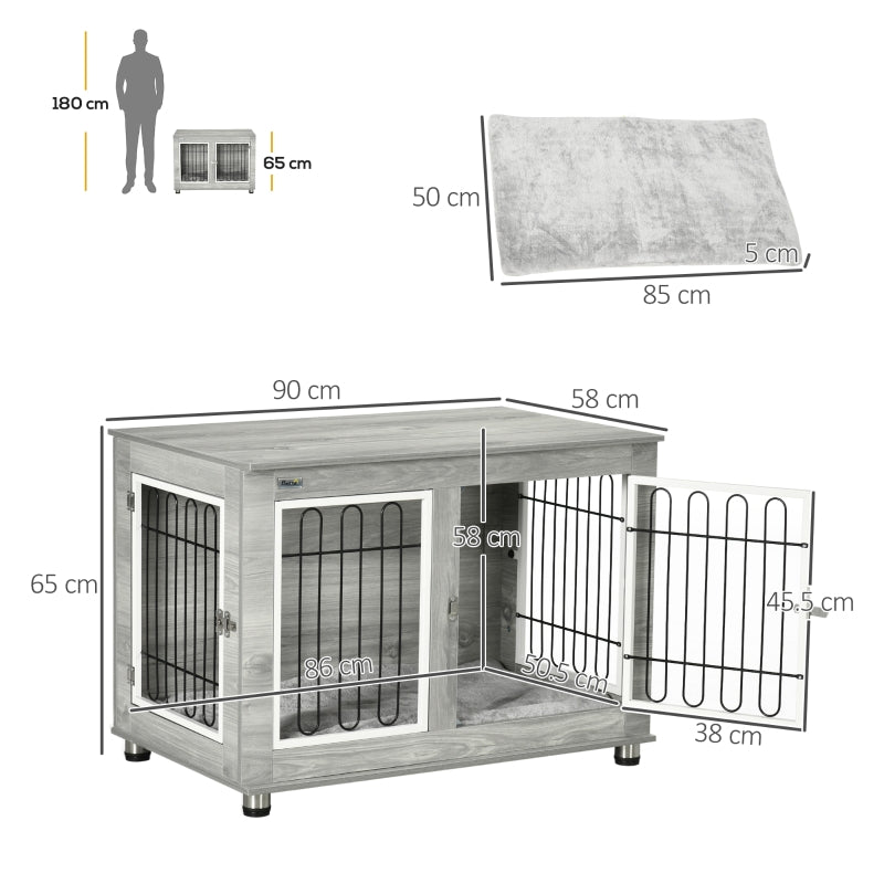 Dog Crate Furniture End Table, Washable Cushion Double Doors, Grey