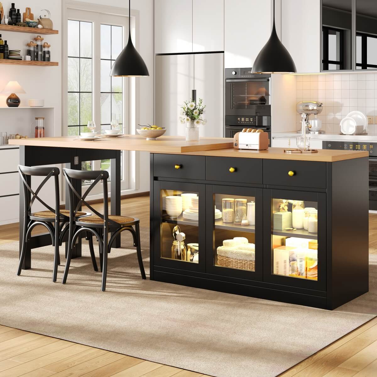 Extendable Kitchen Island - 120-200cm Dining Table with Storage, LED Lights, Drawers & Glass Cabinets, Black