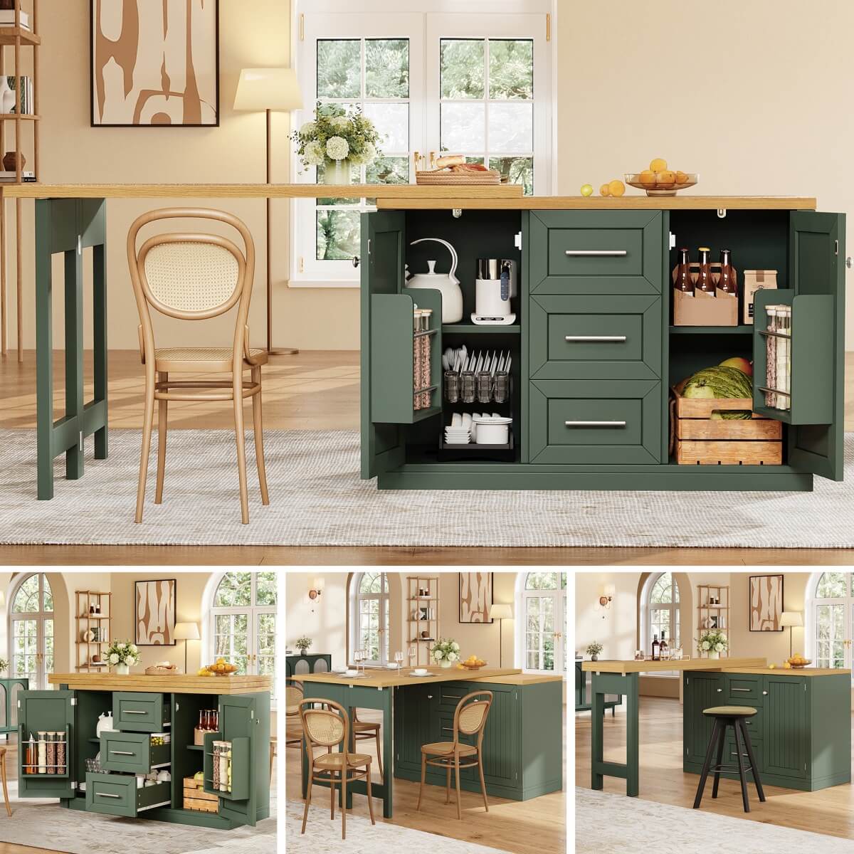 Extendable Kitchen Island with Storage - Sideboard Dining Table with 3 Drawers & Snack Racks, Antique Green
