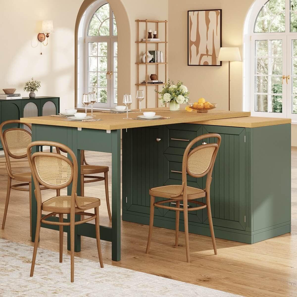 Extendable Kitchen Island with Storage - Sideboard Dining Table with 3 Drawers & Snack Racks, Antique Green