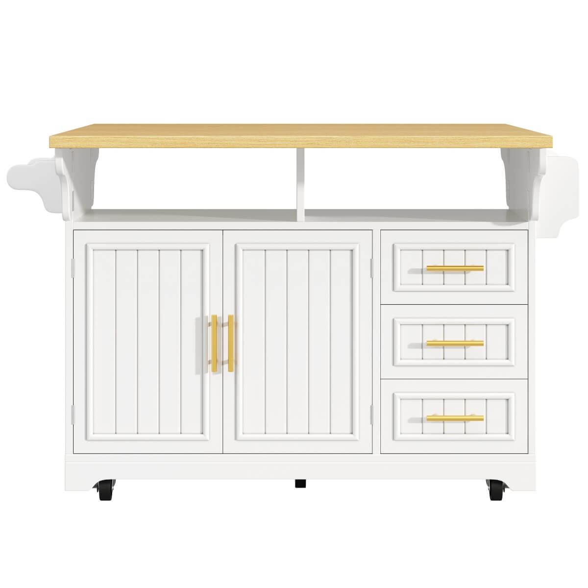 White Kitchen Island with Extendable Dining Table - Rolling Kitchen Island with Storage Drawers, Vertical Slat Doors and Double Fold-Out Worktop