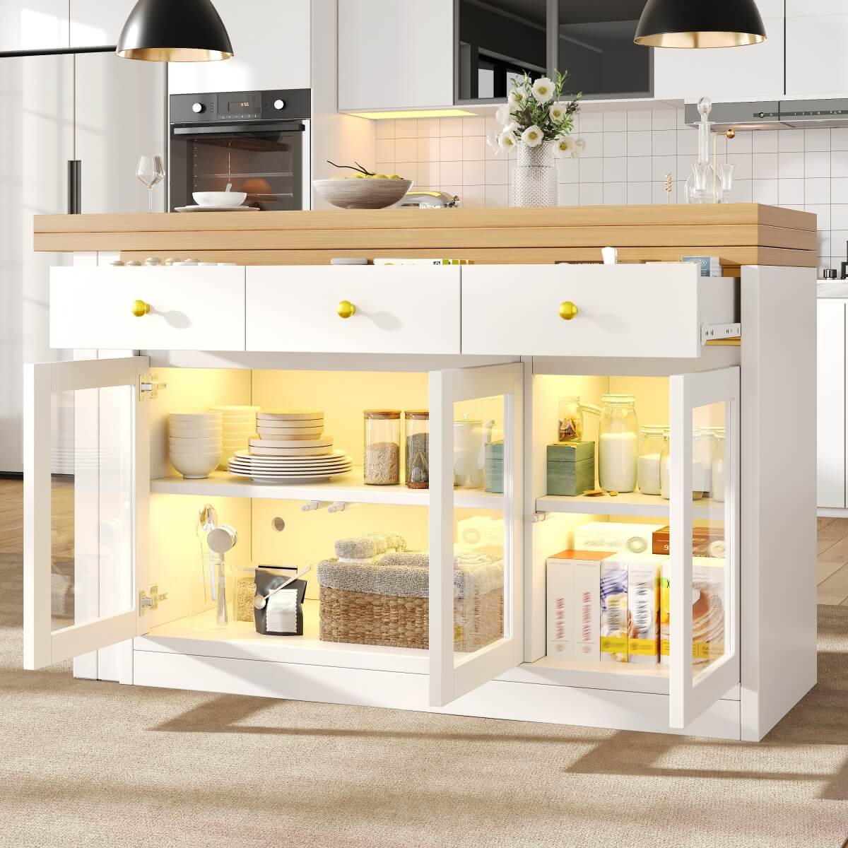 Extendable Kitchen Island with LED Lights - 120-200cm Dining Table with Storage, Drawers and Glass Cabinets, White
