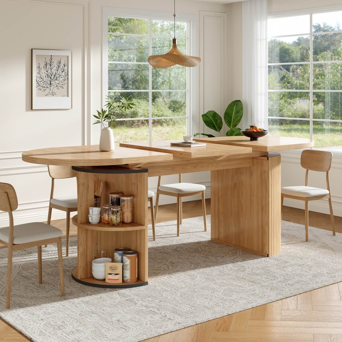 Extendable Dining Table with Hidden Storage - Space Saving Kitchen & Living Room Table, Natural Wood