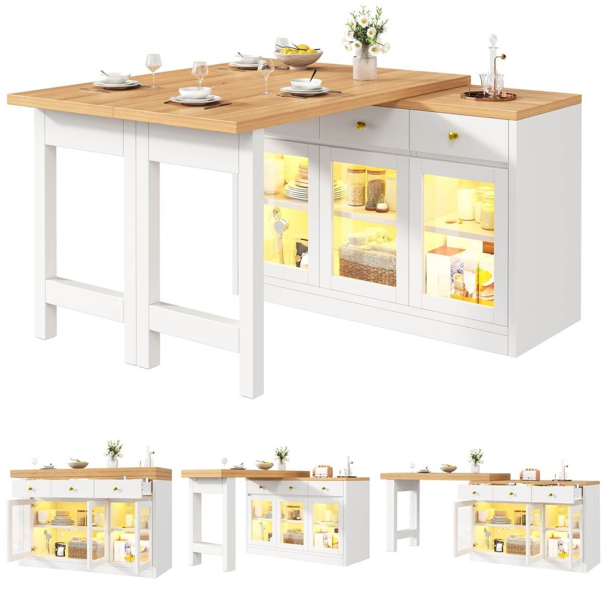 Extendable Kitchen Island with LED Lights - 120-200cm Dining Table with Storage, Drawers and Glass Cabinets, White