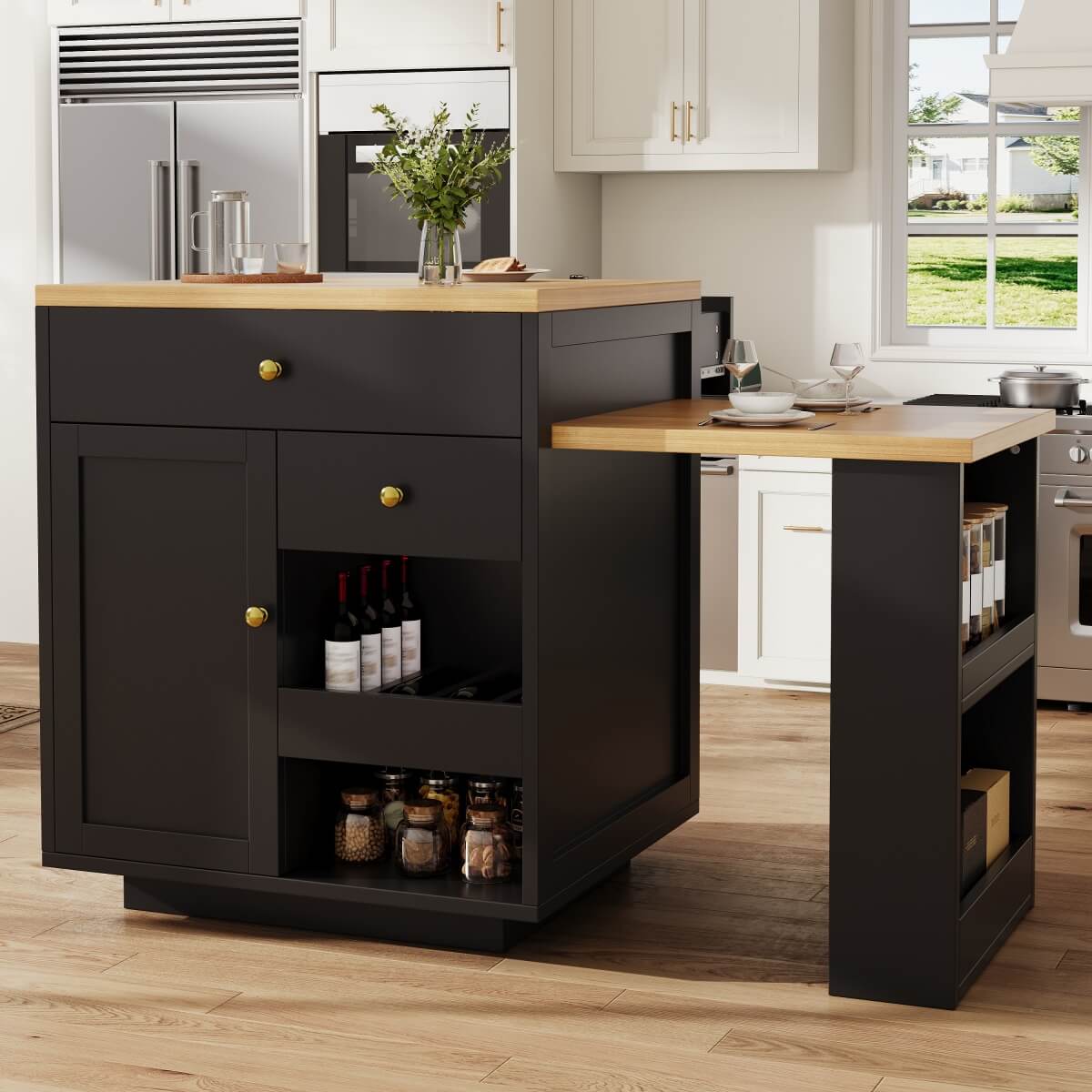 Extendable Kitchen Island with Storage - 122.5–195.5cm Bar Table with 3 Drawers, Wine Rack & Side Shelves, Seats 2–6, Black
