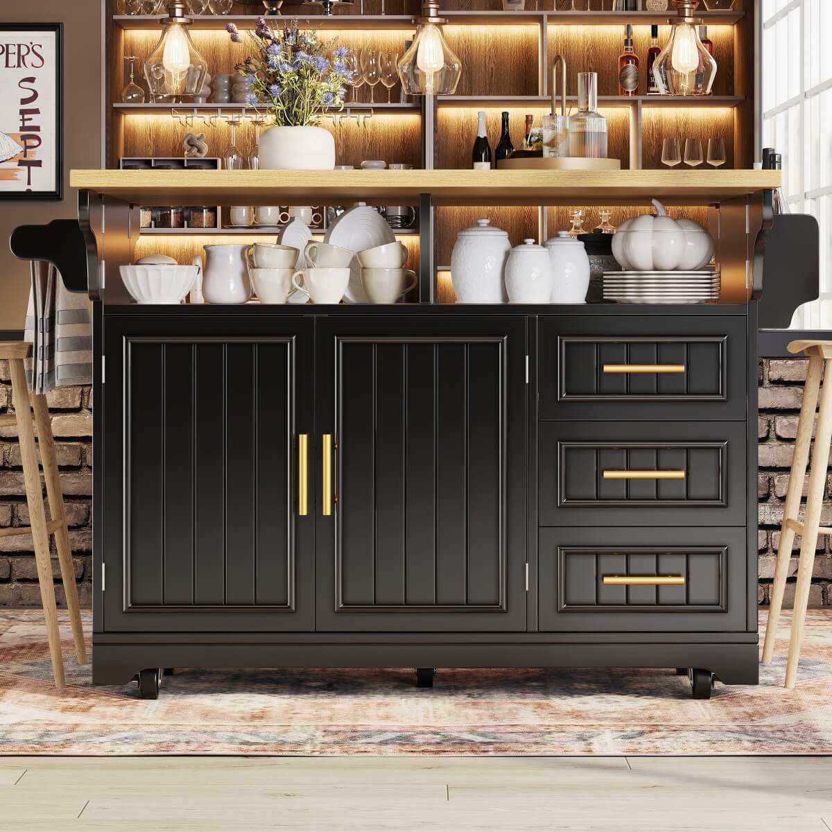 Black Kitchen Island with Extendable Dining Table - Rolling Kitchen Island with Storage Drawers, Vertical Slat Doors and Double Fold-Out Worktop