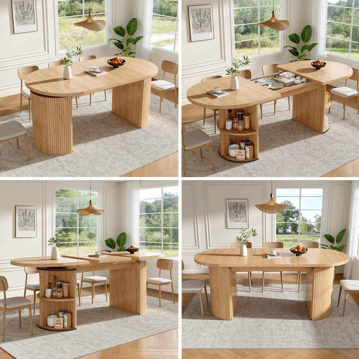 Extendable Dining Table with Hidden Storage - Space Saving Kitchen & Living Room Table, Natural Wood