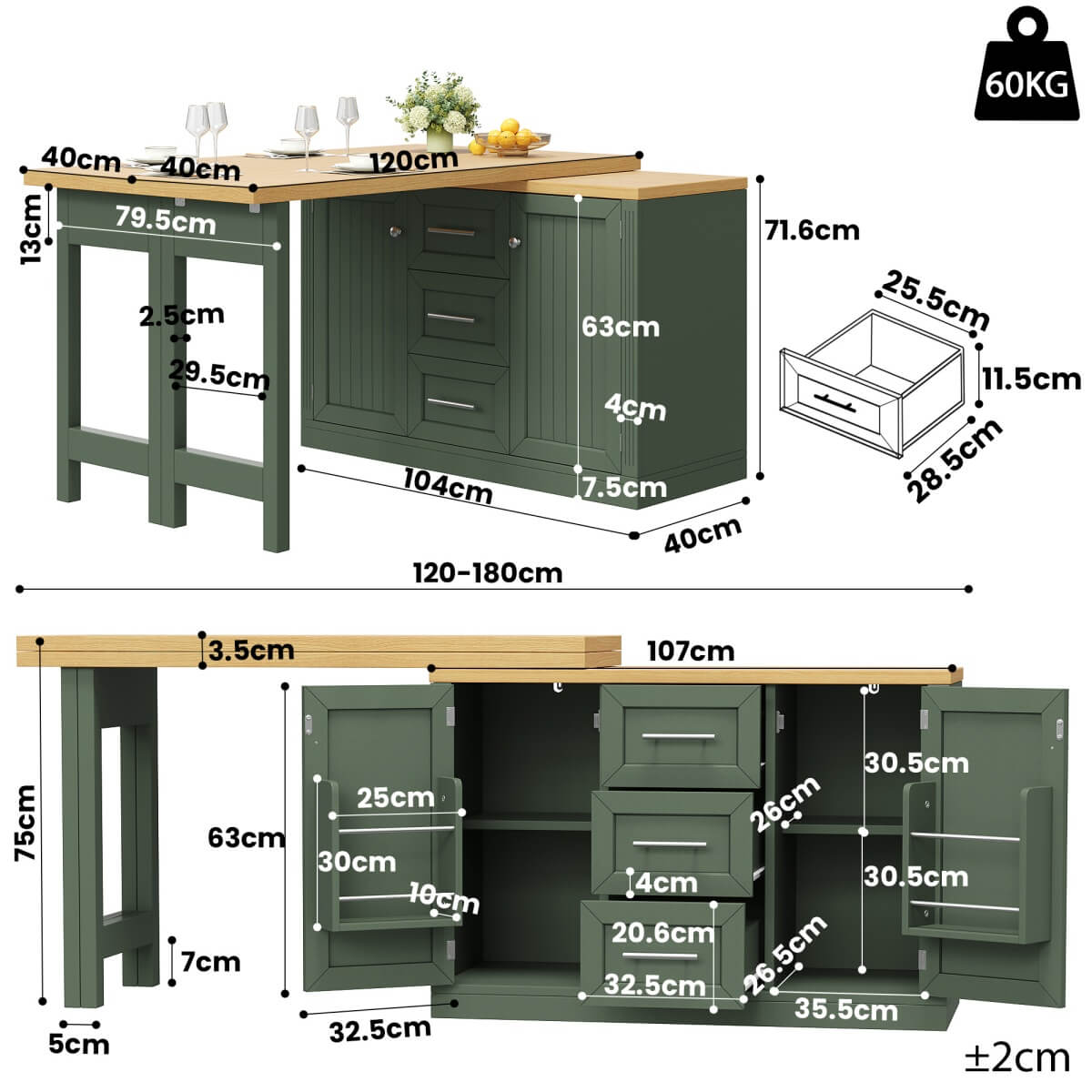 Extendable Kitchen Island with Storage - Sideboard Dining Table with 3 Drawers & Snack Racks, Antique Green