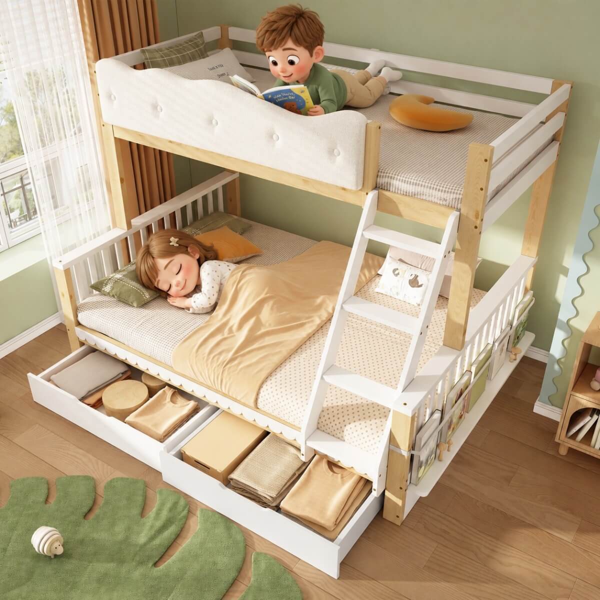 Wooden Bunk Bed for Kids - Single Over Double Bunk Bed with Drawers & Side Bookcase, White & Natural