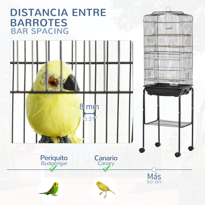 Bird Cage with Stand Wheels Slide-out Tray Storage Shelf, Black