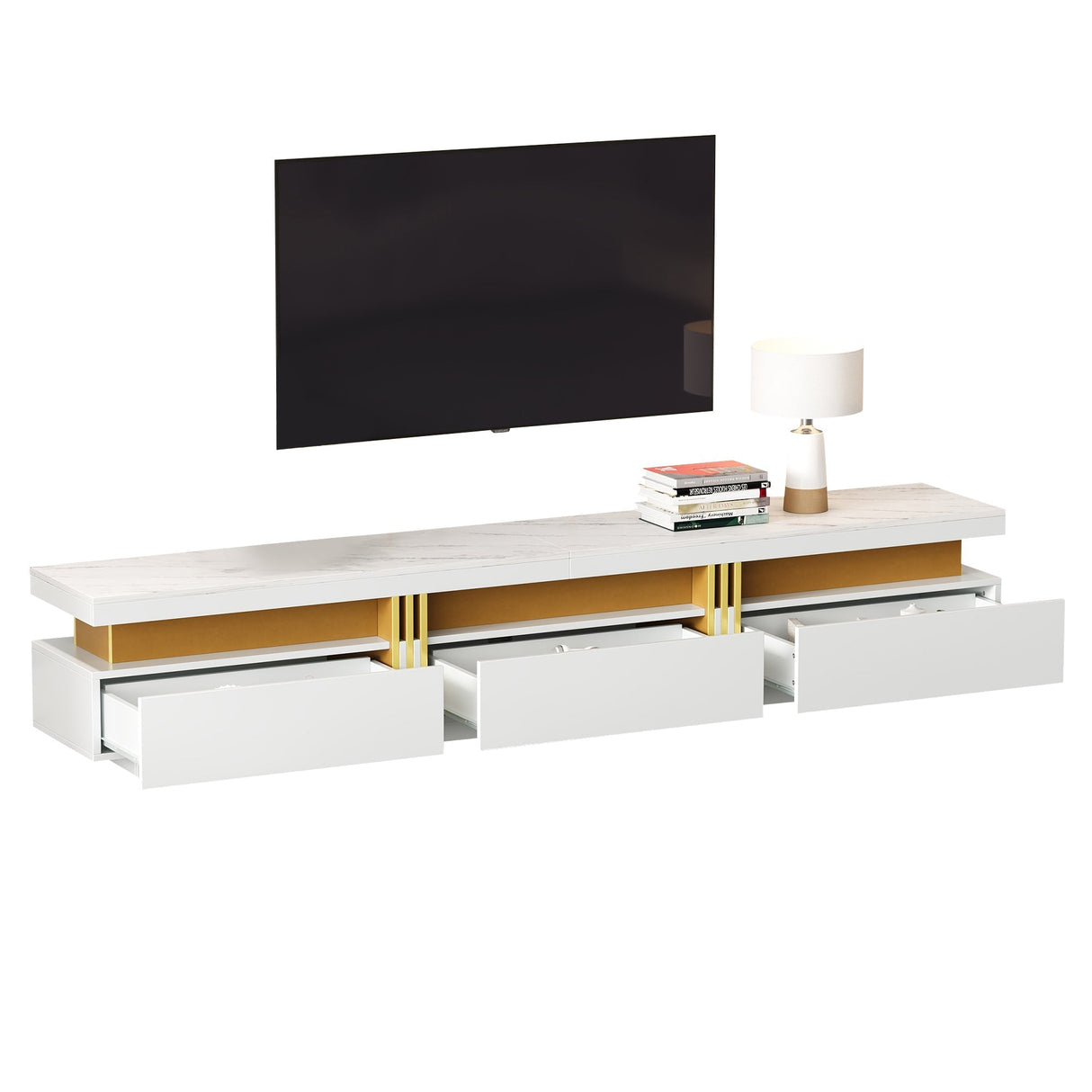Luxury TV Stand with Faux Marble Top - White Media Console with 3 Drawers & Gold Accents