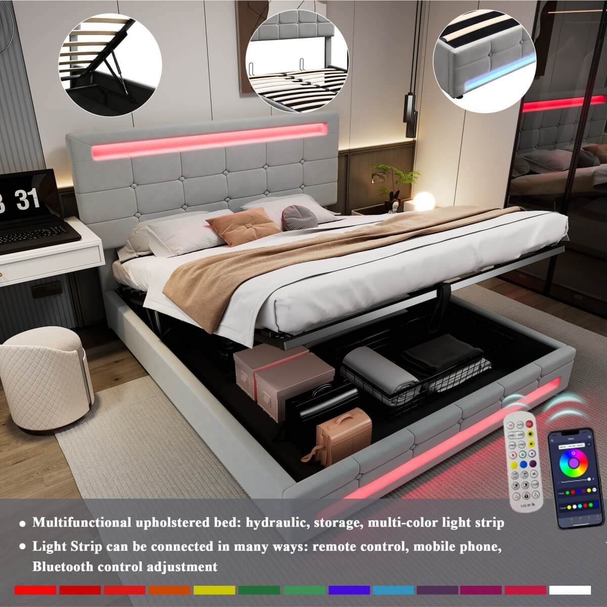 4ft6 Double Velvet Ottoman Bed - LED Storage Bed Frame with 7 Colour Lights, Grey