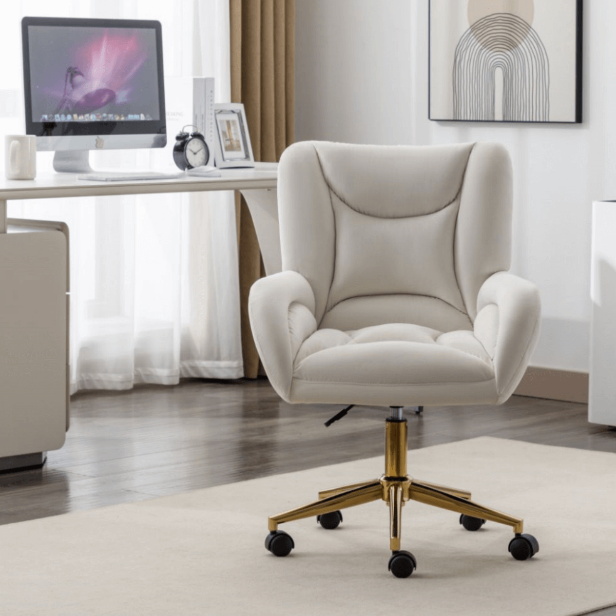 Ivory Velvet Swivel Office Chair ¨C Adjustable Height Home Desk Chair with Gold Legs