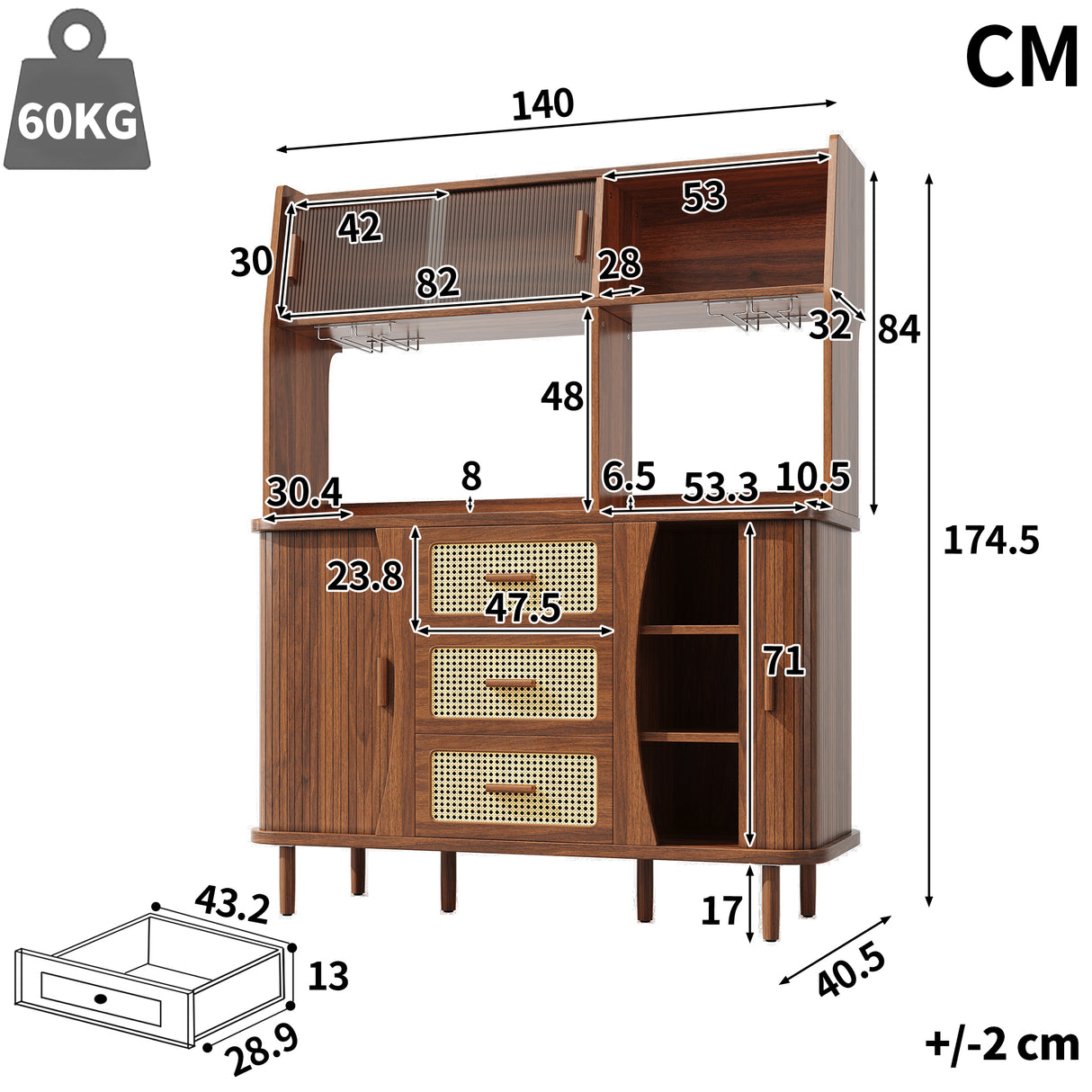 High-quality sideboard with rattan look and glass sliding doors, 174.5 cm high kitchen cabinet with storage space, natural wood/walnut look