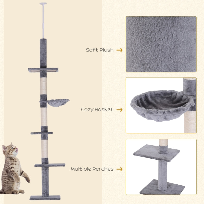 Floor to Ceiling Cat Tree - 5-Tier Kitty Tower Climbing Activity Center Scratching Post Adjustable Height - Grey