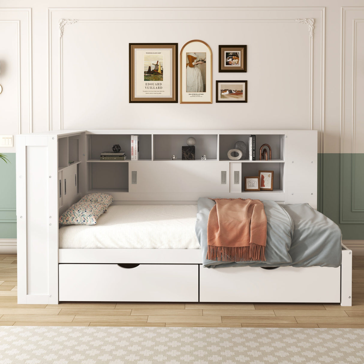 Platform Bed with Trundle, Bookcase & USB, Single 3ft, Storage Drawers and Shelves, White