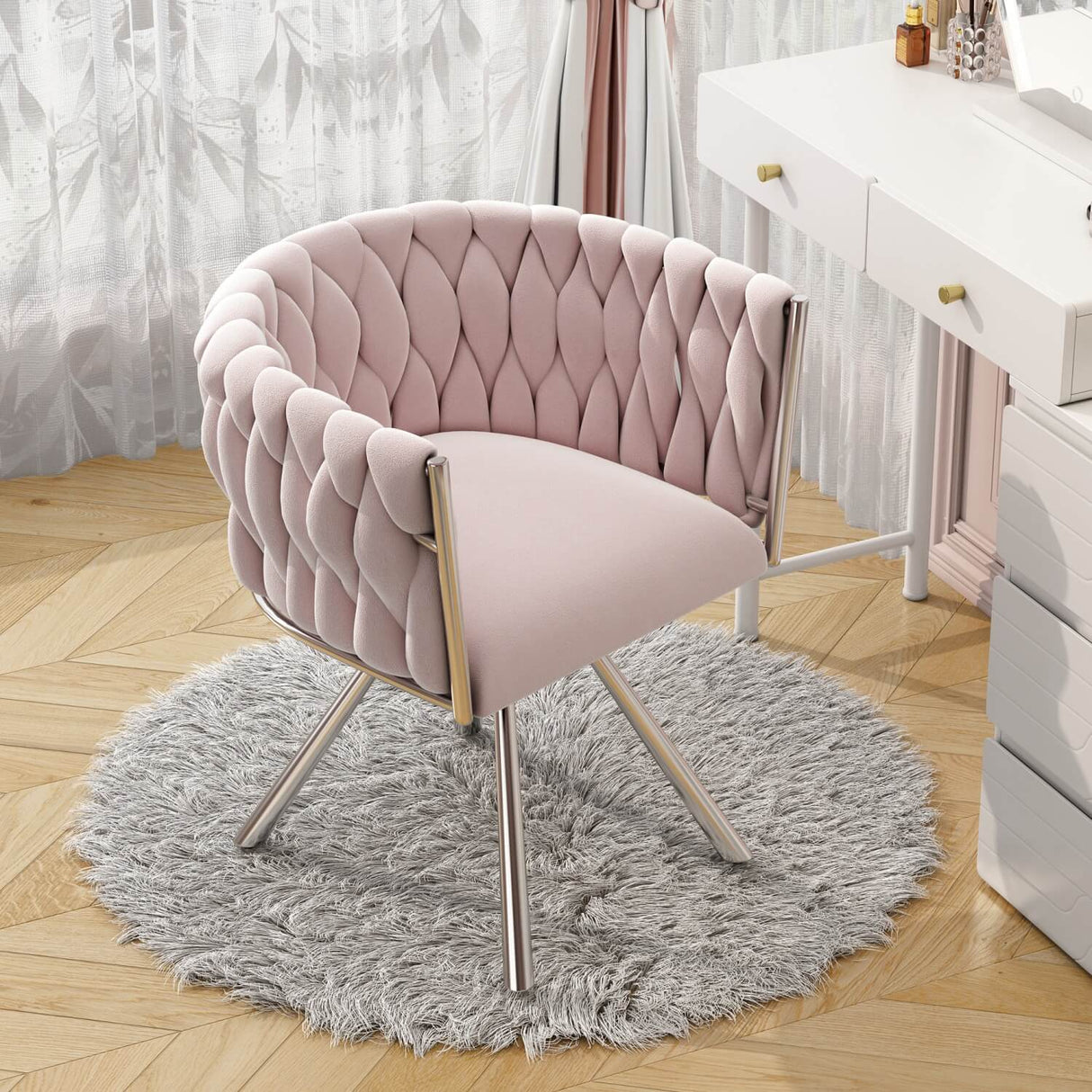 Velvet Swivel Dining Chair – Luxury Single Chair with Metal Legs for Living Room & Bedroom, Pink