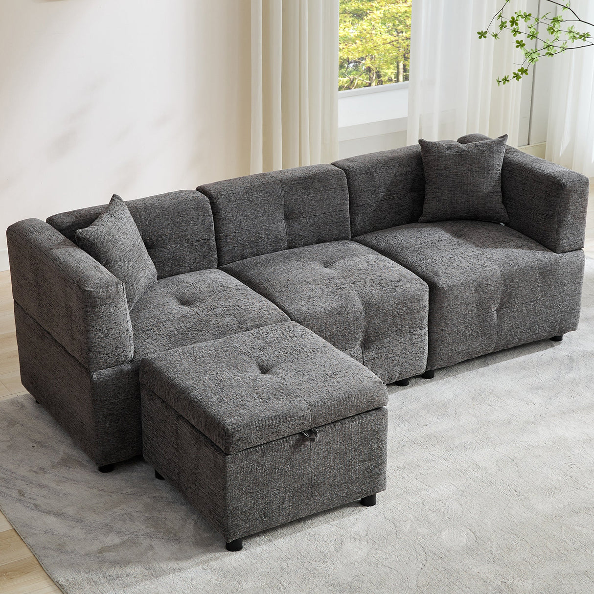 80" Sectional Sofa Couch with Removable Storage Ottoman, L-Shaped, Fabric, Grey