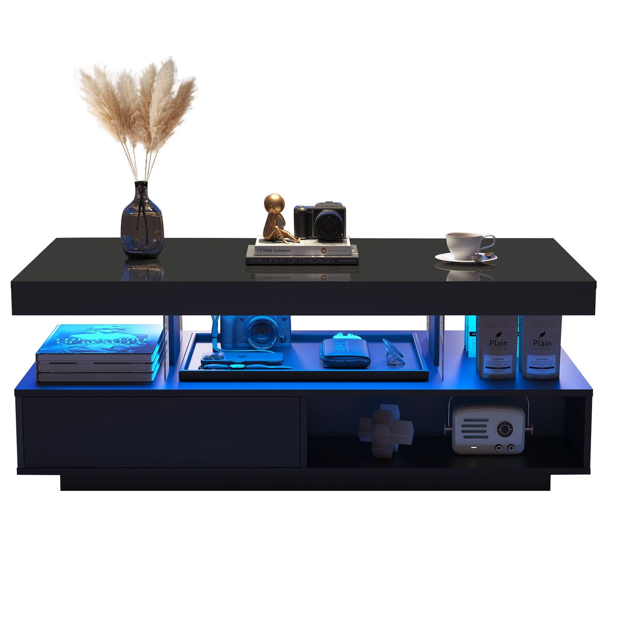 Coffee Table Push-Pull Storage Black Particle Board