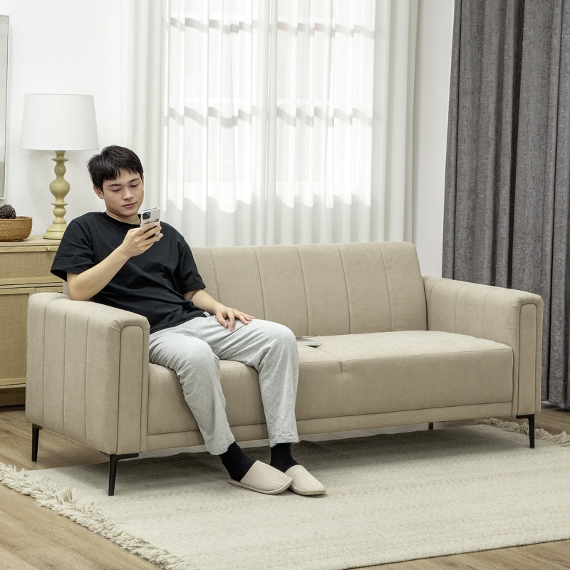 3 Seater Sofa, Modern Channel Tufted Upholstered Couch, Khaki Fabric