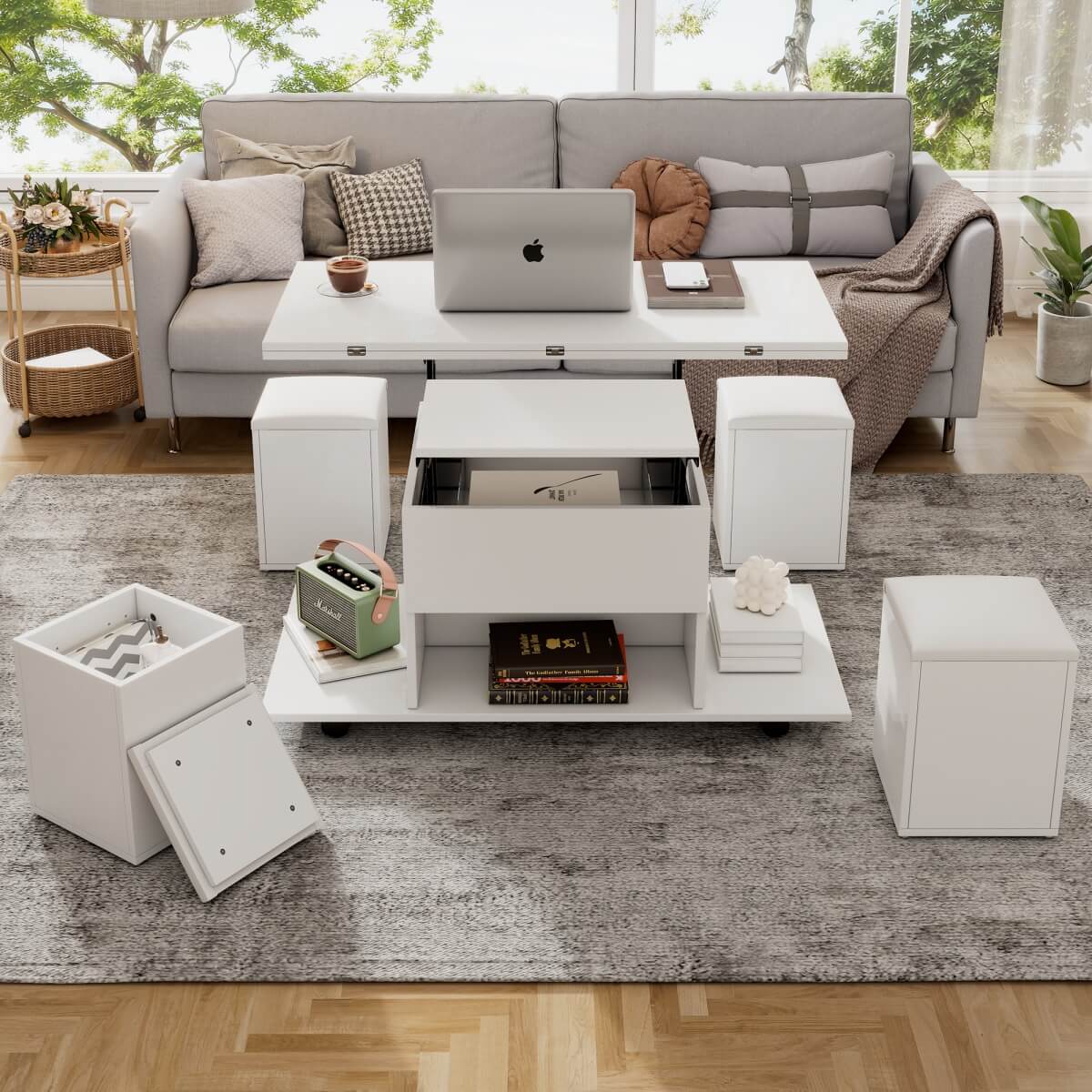 White Lift Top Coffee Table with Storage - Modern Living Room Coffee Table with Hidden Storage Compartment