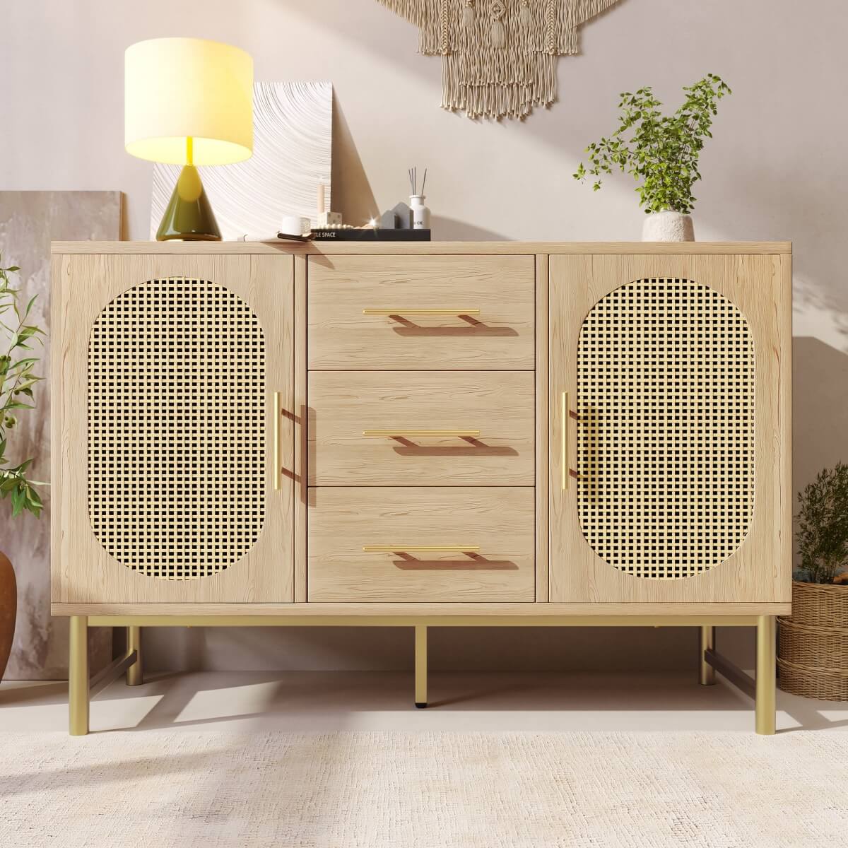 Rattan Sideboard Cabinet with 2 Doors & 3 Drawers - Wooden Storage Cupboard for Living Room, Oak
