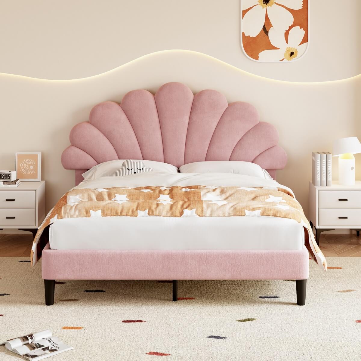 4FT6 Double Upholstered Velvet Bed Frame - Adjustable Petal Headboard, Slatted Base