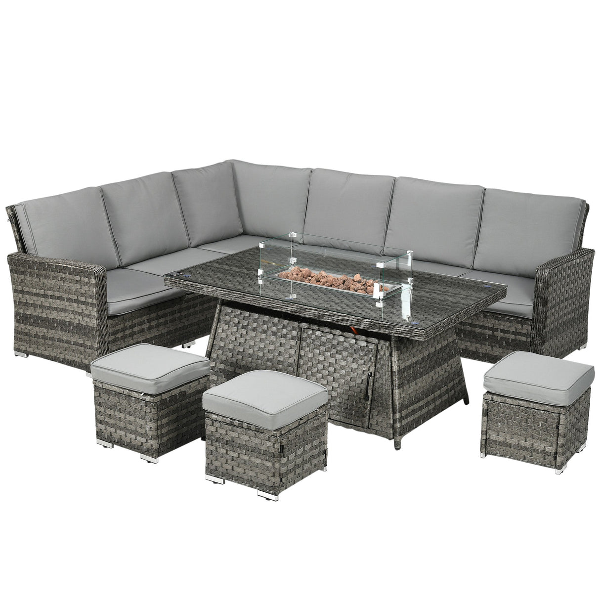 Seven-Piece Firepit Table Rattan Sofa Set - Grey
