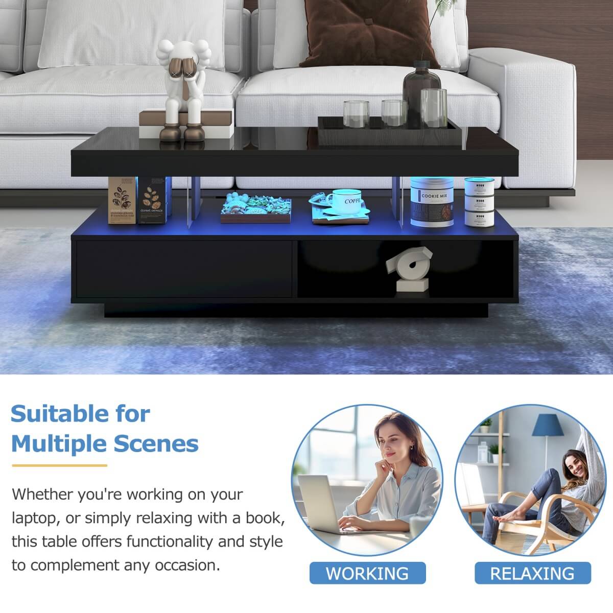 High Gloss Coffee Table with LED Lights - Modern Black Storage Centre Table