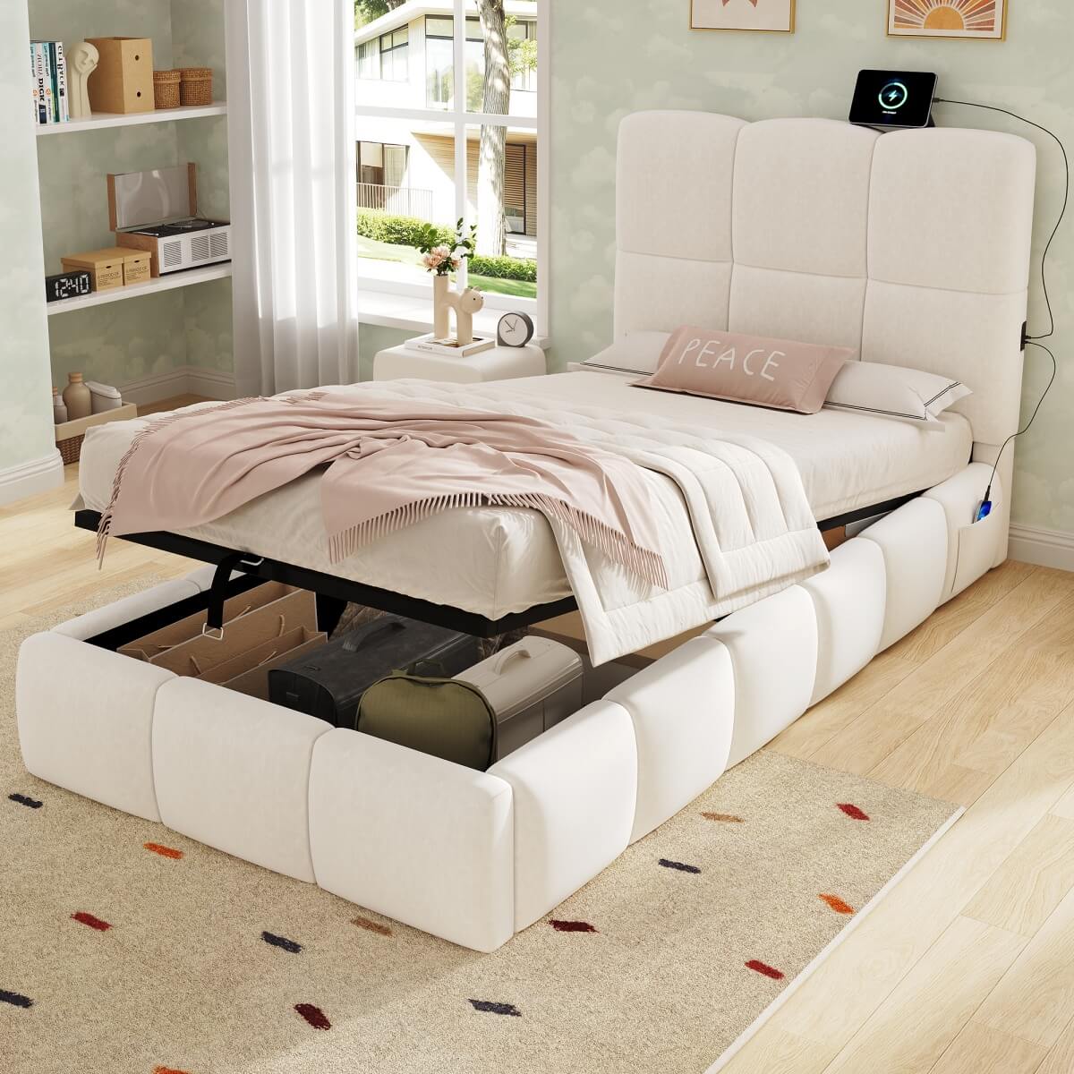 3ft Velvet Upholstered Storage Bed - Single Hydraulic Bed with Headboard, Beige