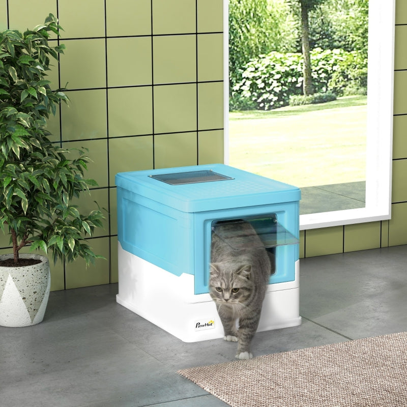 Hooded Cat Litter Box, Portable Pet Toilet, Scoop and Front Entry - Light Blue