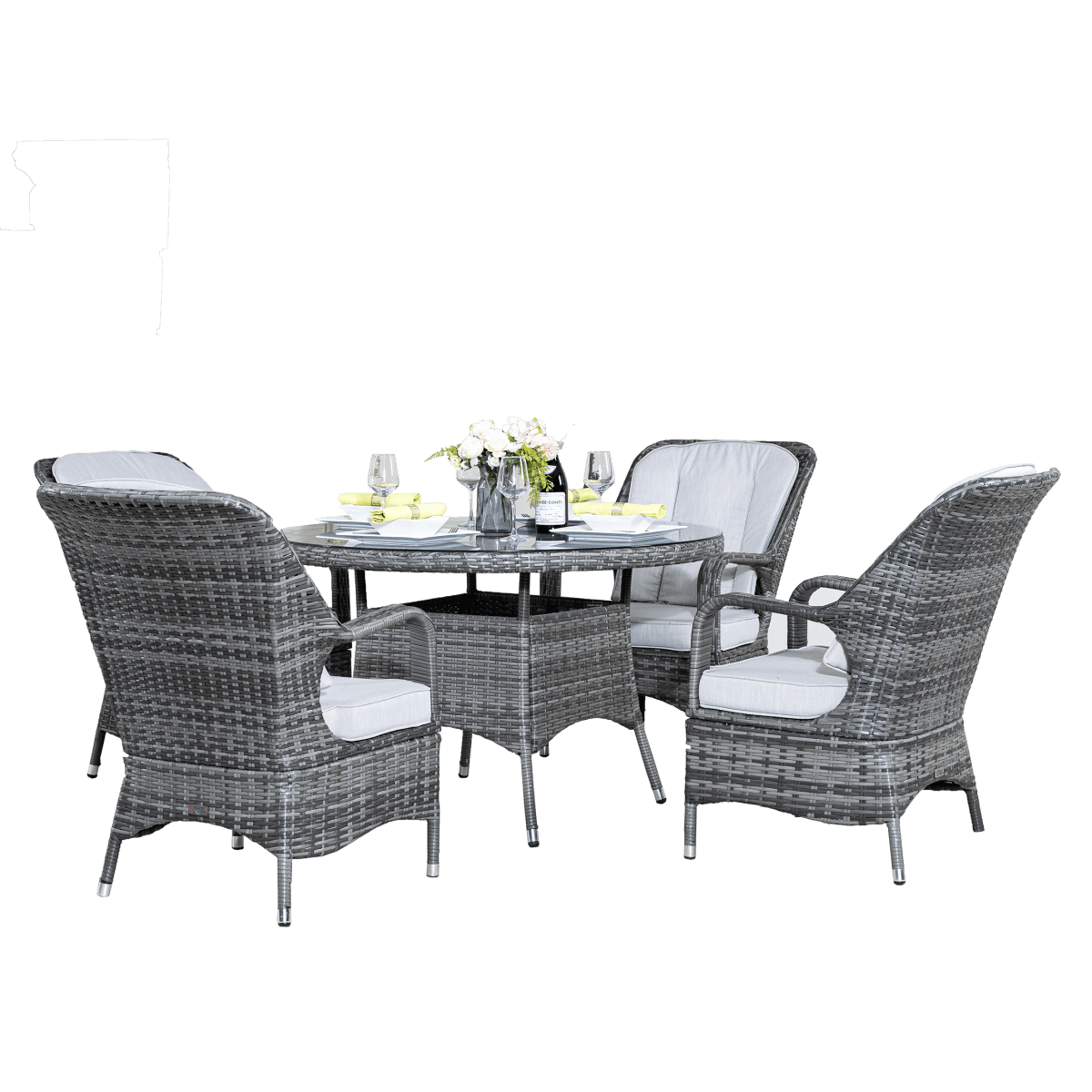 4 Seater Outdoor Rattan Dining Set - Round Garden Table with Tempered Glass Top & Parasol Hole
