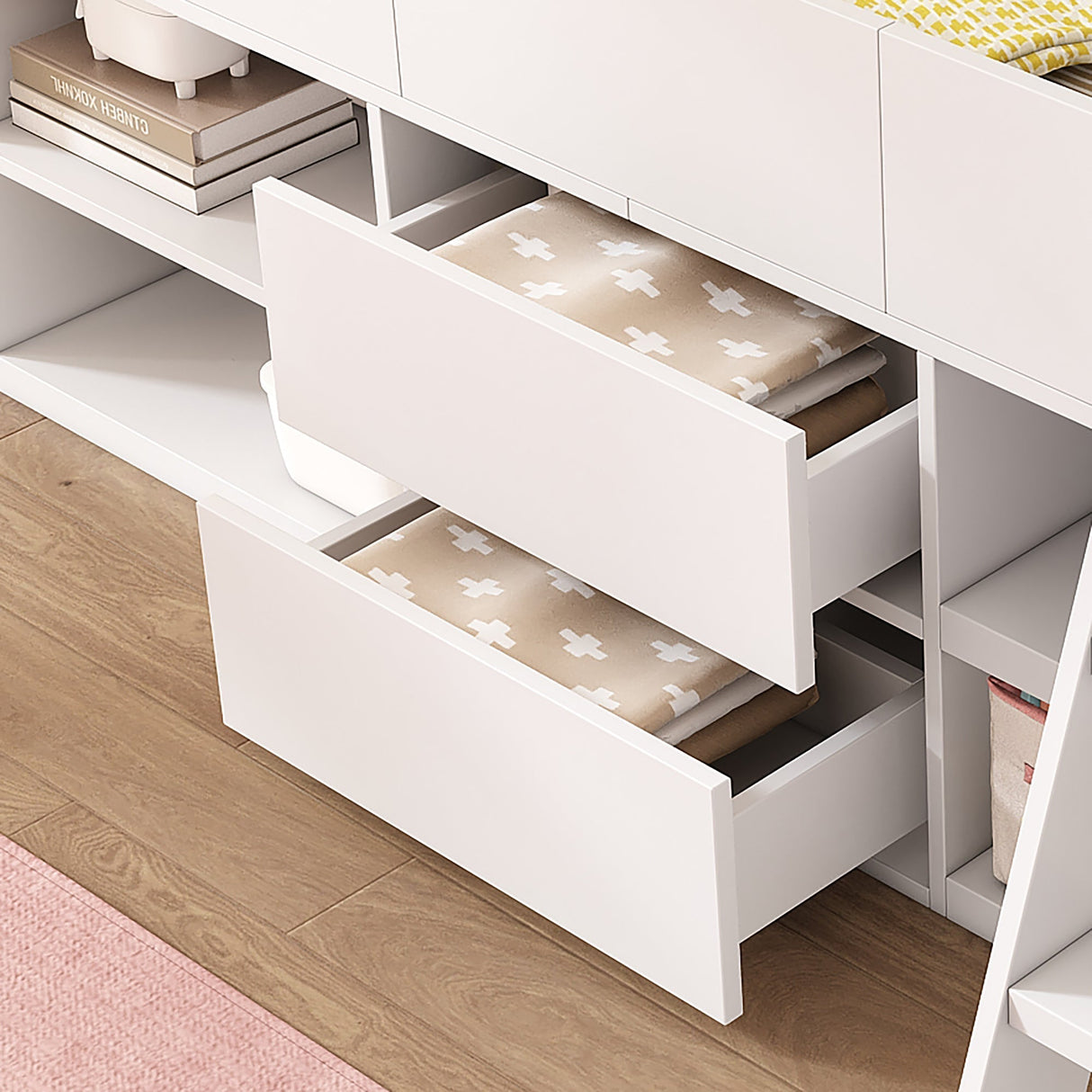 Cabin Bed Mid Sleeper, Storage Kids Wooden Bed with Drawers & Shelf, Low Sleeper 3ft Single, White Wood