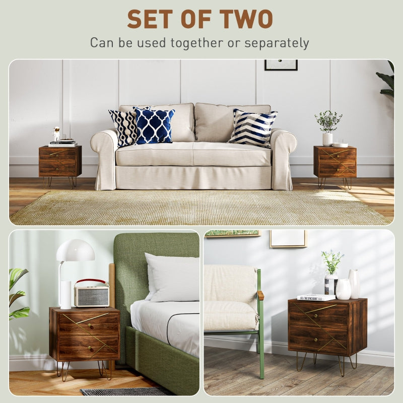 Bedside Tables, Modern Set of 2 with 2 Drawers and Steel Hairpin Legs, Brown Wood Grain
