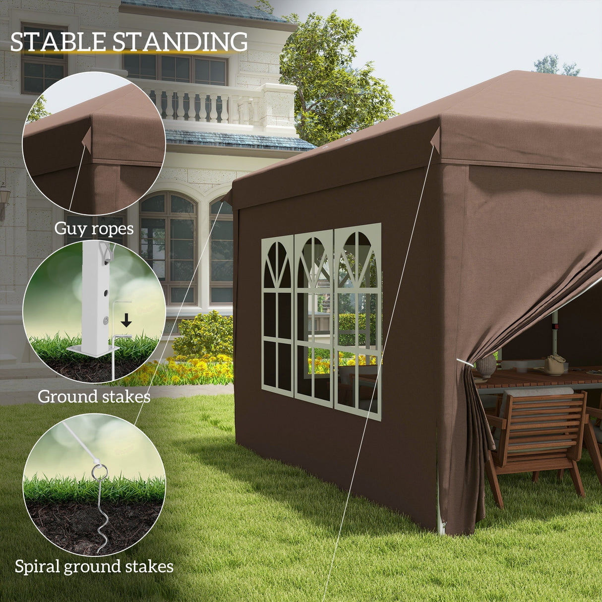 Pop Up Gazebo, 3x6m with Sides and Windows, Brown