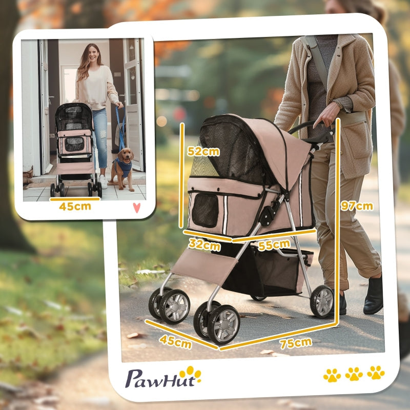 Pet Stroller Dog Pram, Foldable Wheels Zipper Entry, Brown