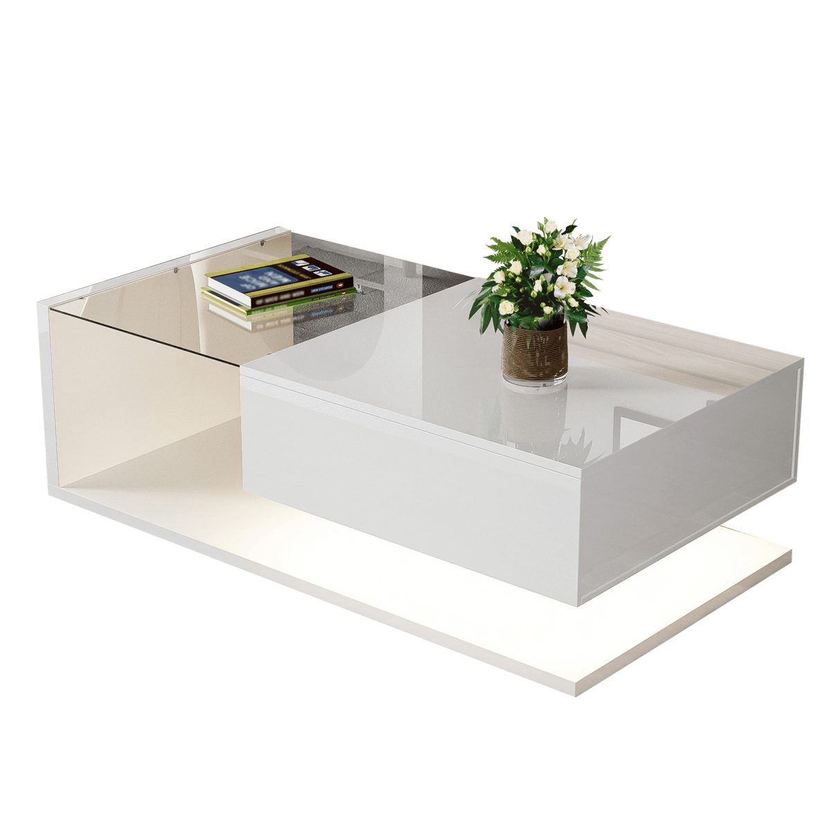 High Gloss White Coffee Table with LED Lights - Glass Top Modern Living Room Table