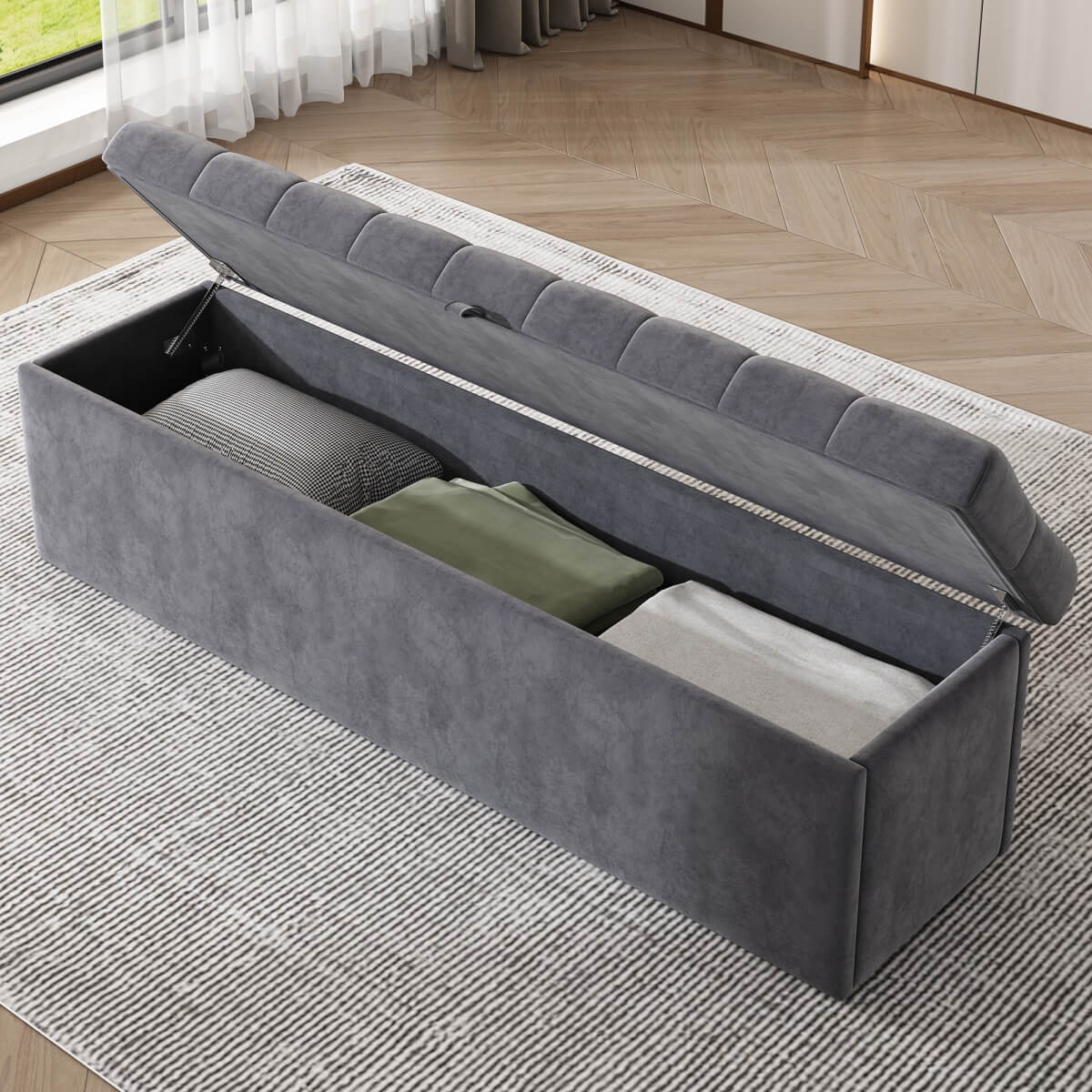Velvet Storage Bench - Soft Upholstered Seat, 135x41x42cm, Grey