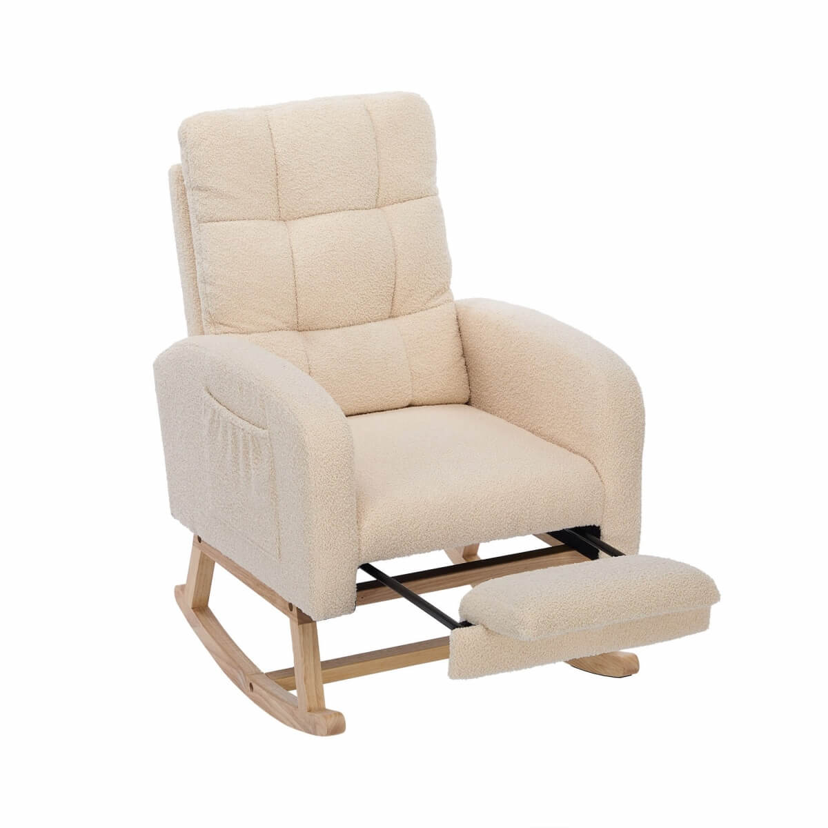 Beige Teddy Fabric Rocking Chair with Adjustable Footrest - High Back Lounge Armchair with Side Pockets