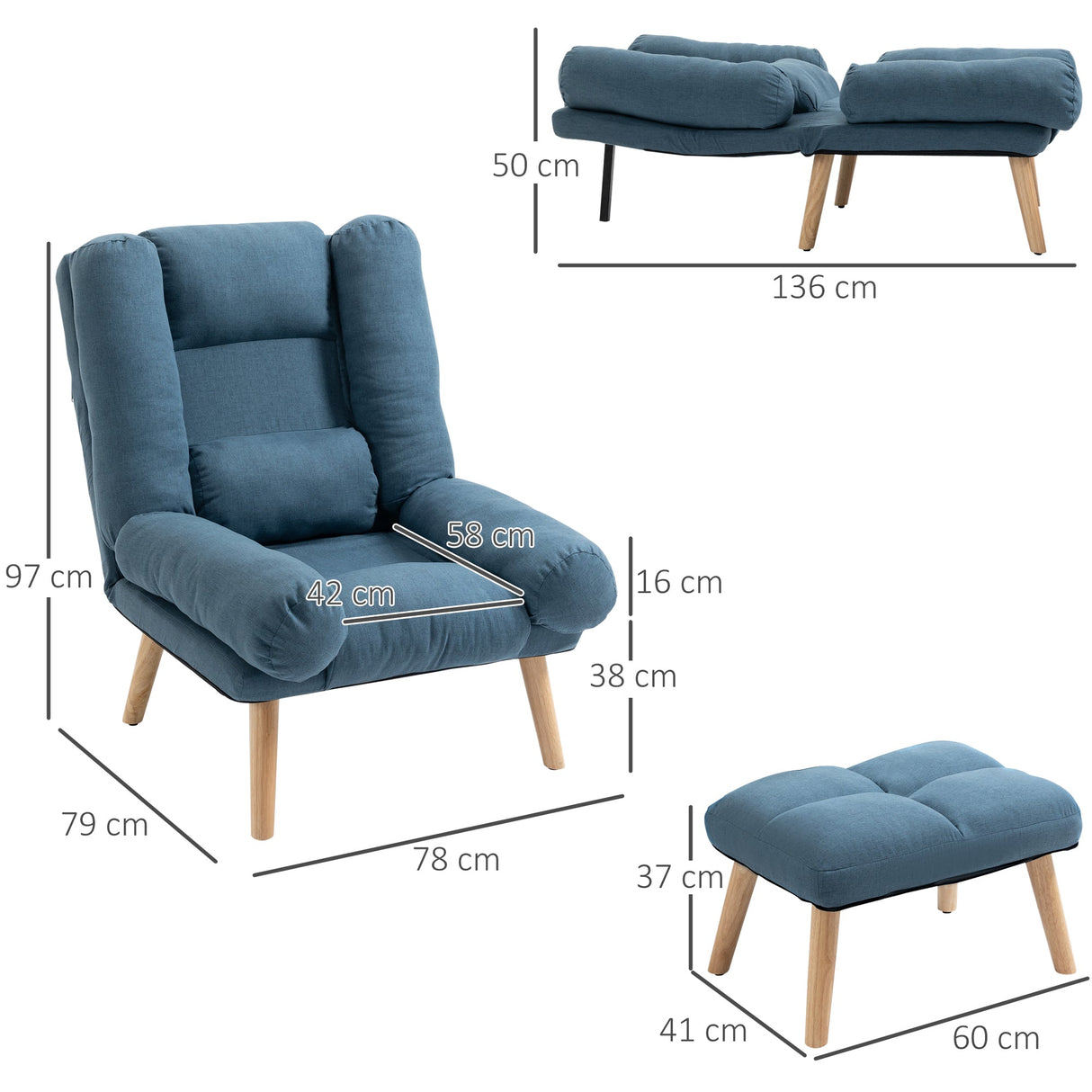 Armchair with Footstool, 180?? Recliner and Ottoman, Adjustable Backrest, Wooden Legs, Blue