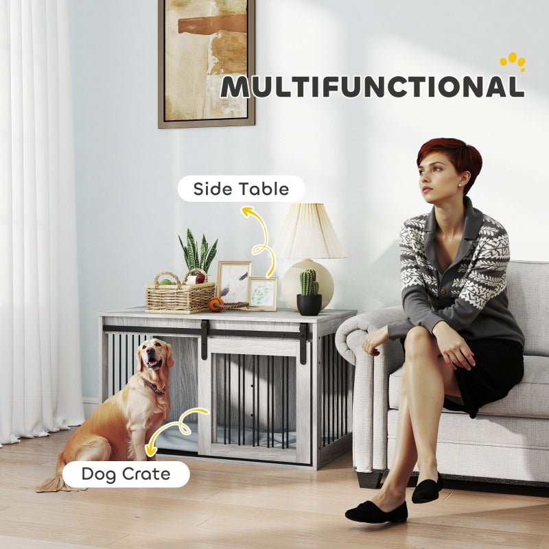 PawHut 98cm Dog Crate Furniture with Removable Cushion - Grey