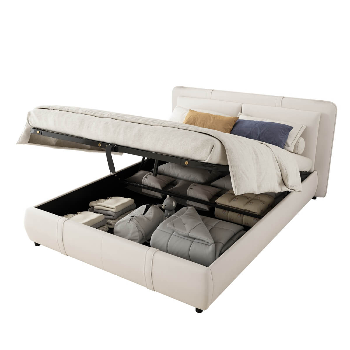 4ft6 Double Upholstered Storage Bed - Hydraulic Lift, Velvet Bed Frame with Removable Headboard, Beige