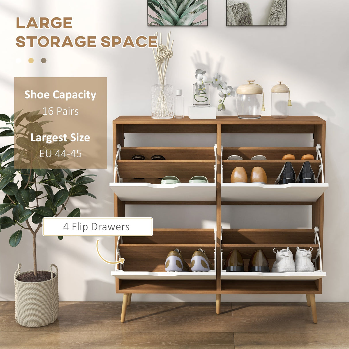 Shoe Storage Cabinet, 4 Flip Drawers, 16 Pairs, Natural