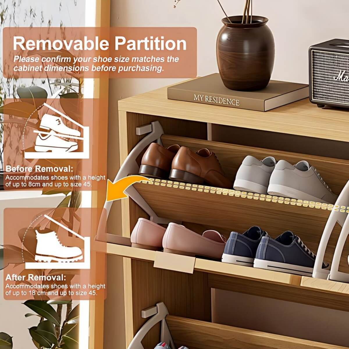 Rattan Shoe Storage Cabinet with 4 Flip Drawers - Wooden Hallway Shoe Organiser, Light Oak