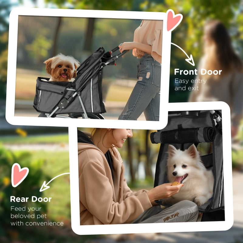 Pet Stroller with Zipper, 3 Wheel Removable & Washable Bottom Pad, Charcoal Grey