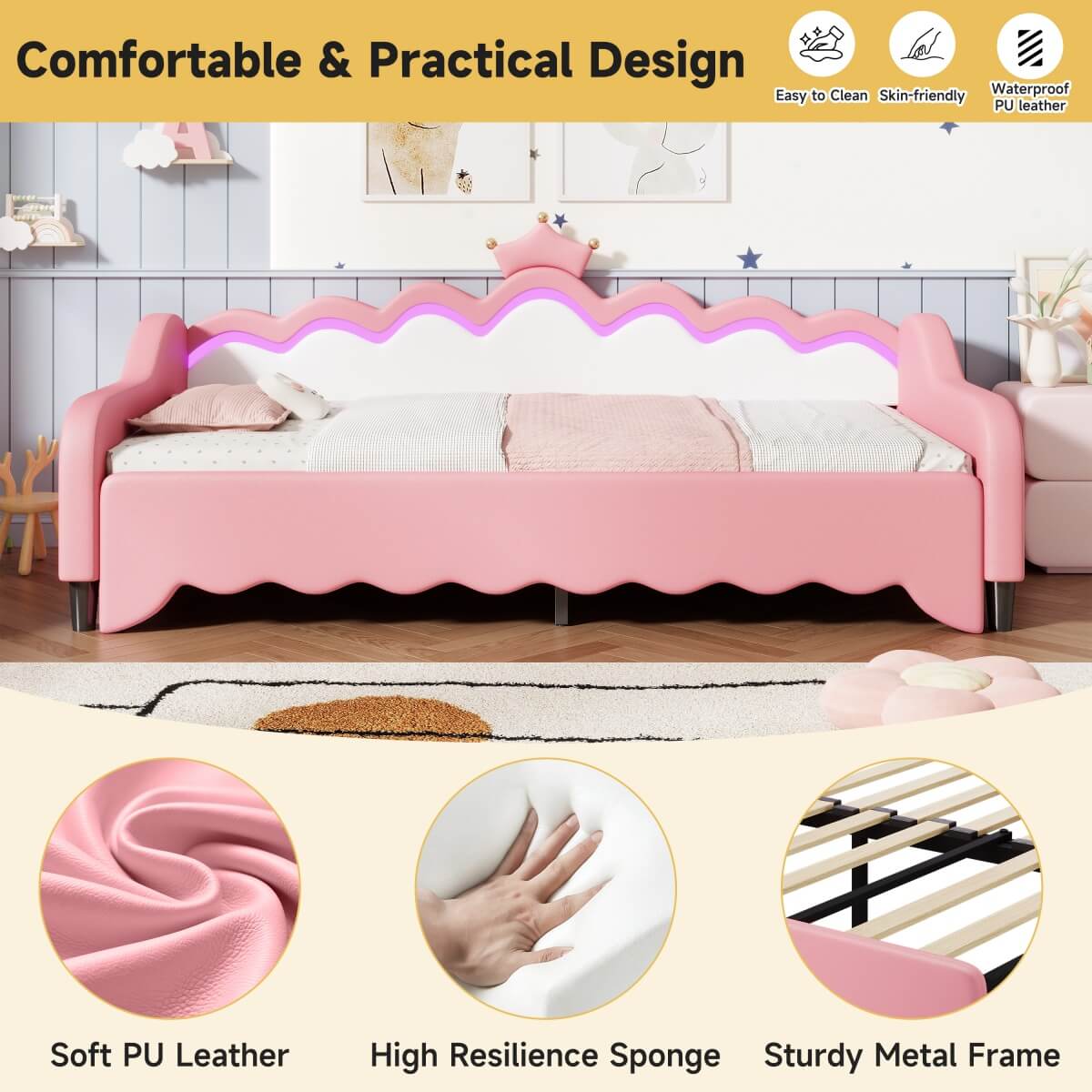 3FT Single Daybed with LED Crown Headboard - PU Leather Sofa Bed with Trundle for Living Room or Bedroom