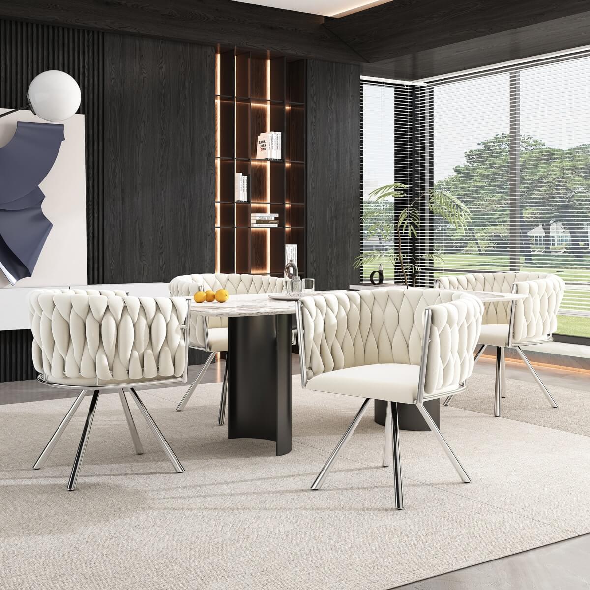 Set of 4 Velvet Swivel Dining Chairs - Upholstered Dining Chairs with 4 Metal Legs for Kitchen & Dining Room, Beige & Silver
