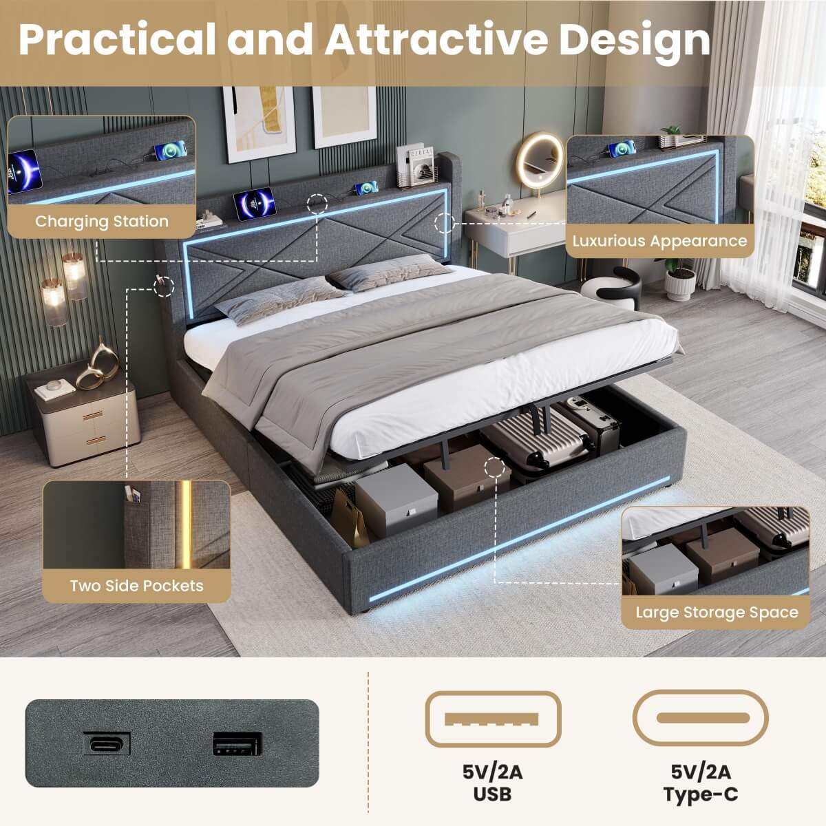 6ft Super King Ottoman Bed – Grey Linen Upholstered Bed Frame with Hydraulic Storage, LED Lighting and USB/Type-C Charging